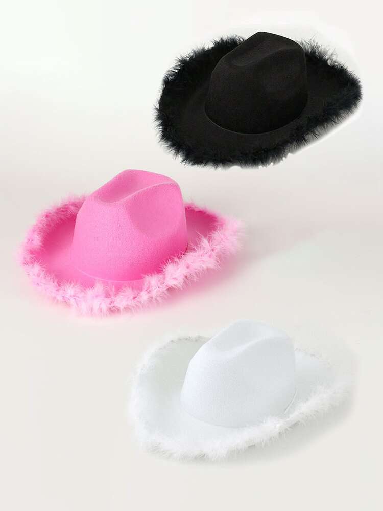 ROMWE Kawaii 1 stuk roze/zwarte vrijgezellenfeest cowboyhoed met verendecoratie, Hallween gala-hoeden, muziekfestival Y2K-stijl, terug naar school carnaval western cowboyontwerp voor vrouwen, geschikt voor verjaardag, bruiloft, vrijgezellenfeest bruid, cadeau verloving - feest hoed - Bekijken 4