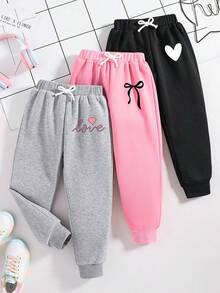 3pcs/Set Young Girl Casual Daily Letter, Heart, Bow Print Drawstring Waist Jogger Pants