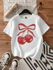 Camiseta casual con estampado de cerezas ,Camiseta informal de algodón de verano para mujer, manga corta, cuello redondo, 220 g/m2 (1 pieza) - Blanco - Ver 1