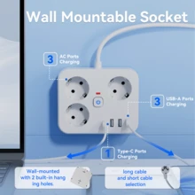 1 pieza Toma de corriente con protección contra sobrecarga y interruptor de encendido/apagado, opción de cable corto/largo, apto para oficina, viaje y uso doméstico - Ver 9