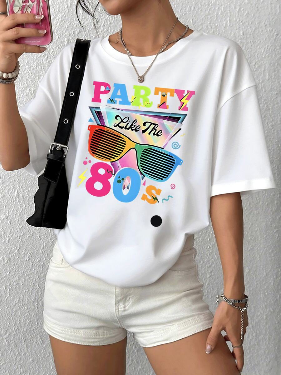 Camiseta de manga corta para mujer con estampado gráfico de fiesta como los años 80, camiseta clásica de cuello redondo para un estilo informal, diseño retro vintage, camiseta cómoda para usar todos los días. - Blanco - Ver 1