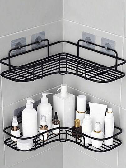 1/2 Pieces,Black Triangular And Planned Use Self-Adhesive Corner Storage Rack, Multipurpose Self-Adhesive Wall Mounted Corner Storage Rack For Bathroom, Kitchen,Cosmetic Hanging, Living Room Bathroom Accessories