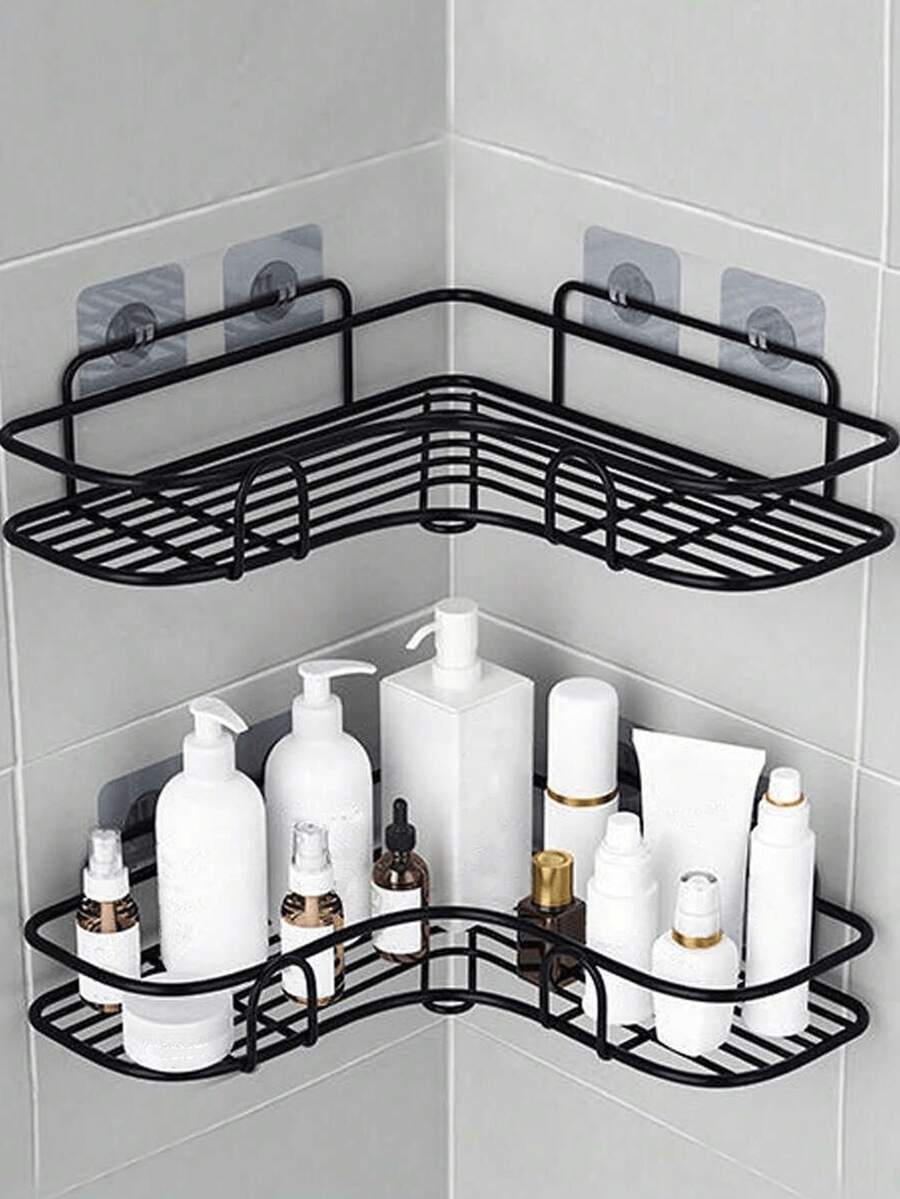 1/2 Pieces,Black Triangular And Planned Use Self-Adhesive Corner Storage Rack, Multipurpose Self-Adhesive Wall Mounted Corner Storage Rack For Bathroom, Kitchen,Cosmetic Hanging, Living Room Bathroom Accessories - Black - View 1