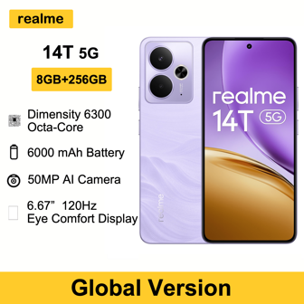 Realme 14T 5G 智能手机，8GB+256GB，6.67 英寸 OLED 120Hz 显示屏，5000 万像素后置摄像头，6000mAh 大容量电池，联发科天玑 6300 八核处理器，全球版，圣诞礼物/赠品，不含充电器