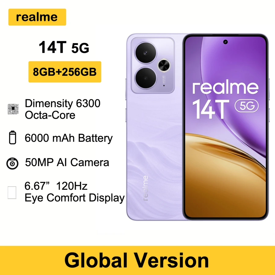 Realme 14T 5G 智慧型手機 8GB+256GB，6.67 吋 OLED 120Hz 螢幕，5000 萬像素後置相機，6000mAh 大電池，聯發科天璣 6300，8 核心手機，全球版，不含充電器