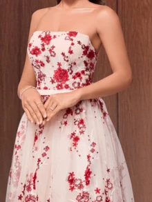 VIPGIRL 象牙红花卉刺绣无肩带薄纱A字晚礼服，浪漫长款正式礼服，优雅无袖正式礼服，甜心领花卉网纱舞会礼服，婚礼宾客派对礼服 - 杏色 - 查看 12