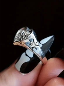 1 Pc Vintage Personalized Punk Style Bone Embrace Heart Set White Synthetic Zirconia Silvery Men's And Women's Rings Suitable For Daily Couple Dating Vacation - 復古銀色 - 查看 5