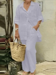 Lightweight Polo Collar Casual Cardigan, Solid Color Elegant Blouse Top Suitable For Beach, Daily, Work, Shopping, Soft & Comfortable Fabric, Elastic Waist Loose Pants, 2 Pieces Set, Spring/Summer/Autumn - Purple - View 4