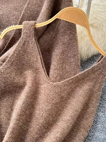 春季女士优雅休闲针织两件套，宽松慵懒针织套装连衣裙，无袖针织连衣裙+系腰长袖毛衣外套，女士街头时尚 - 咖啡棕 - 查看 6