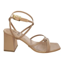 Sandalia Tacón Ancho Alto 7.5 Cm Tiras Delgadas Punta Cuadrada - Caqui - Ver 3