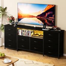 Cómoda de 12 cajones con toma de corriente y LED para TV de 55'', 65'' o 75'', cómoda larga para dormitorio con 12 cajones profundos, consola ancha para guardar cosas en armario, sala de estar y entrada, cubierta de madera.