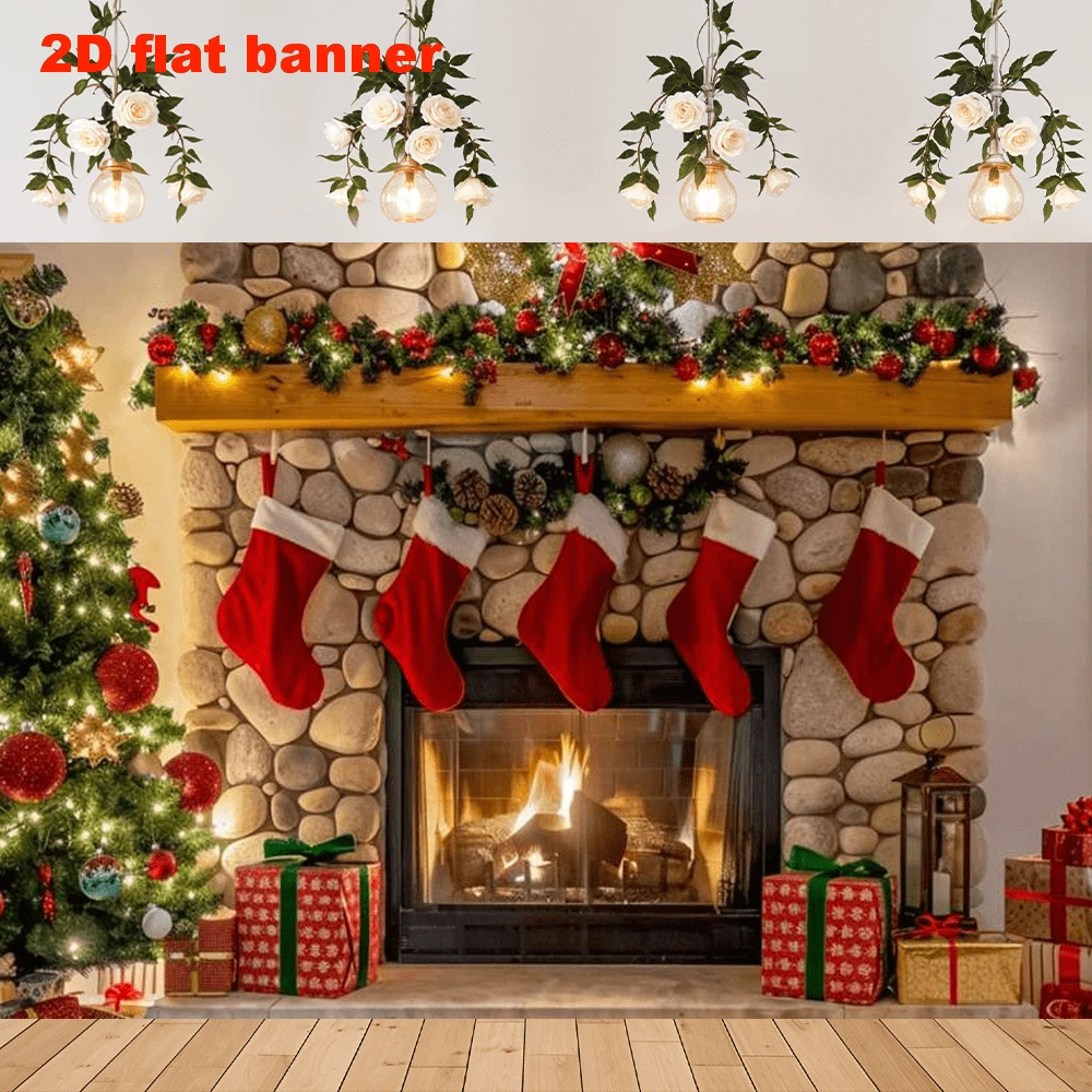 1 件圣诞壁炉红色长袜背景装饰、房间、摄影工作室道具 - 多用途家居装饰横幅，适用于家居装饰、派对、工作室和户外庆祝活动