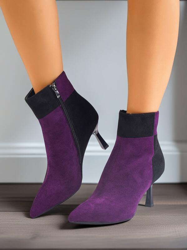 Side Zipper Holiday Office Pointed Toe Red Short Boots Women Thin Heel Patchwork Purple Boots Autumn/Winter New Khaki Boots Slim Mid Heel Ankle Boots For Women