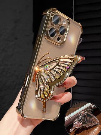 豪华电镀透明手机壳，带蝴蝶液体沙支架，水钻闪光闪耀风格，硅胶防震软壳兼容 16/16e/16 Pro/16 Pro Max/16 Plus/15/14/13/12/11/X/XS/XR/8/7、Galaxy S25/S24/S23/S22/S21/A55/A54/A53/A52/A35/A34/A23/A16/A15/A14/A13/A12/A05S/FE/Ultra/4G/5G，以及 Redmi/Honor/MOTO/OPPO/Infinix 防水防摔防刮