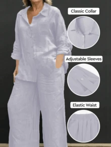 Lightweight Polo Collar Casual Cardigan, Solid Color Elegant Blouse Top Suitable For Beach, Daily, Work, Shopping, Soft & Comfortable Fabric, Elastic Waist Loose Pants, 2 Pieces Set, Spring/Summer/Autumn - Purple - View 2