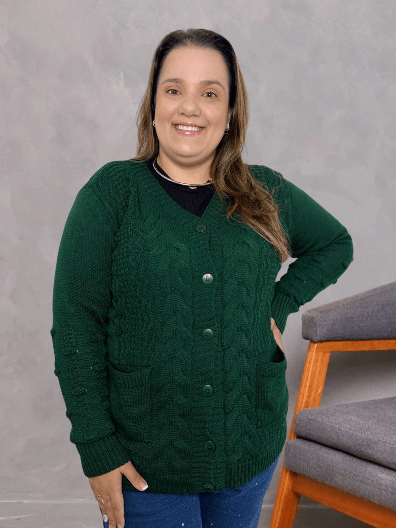 Plus Size Cardigan Coat Winter Wool Knit Top With Buttons And Pockets Autumn Winter Karina Tricot - 墨綠色 - 查看 1