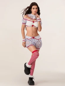 Women Halloween Costume Clown Tops And Shorts Striped Stockings Set For Cosplay Role-Playing Party Outfits - 灰色 - 查看 6