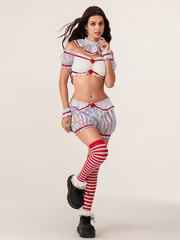 Women Halloween Costume Clown Tops And Shorts Striped Stockings Set For Cosplay Role-Playing Party Outfits - Xám - Xem 6
