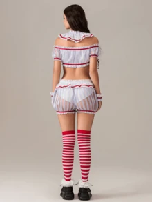 Women Halloween Costume Clown Tops And Shorts Striped Stockings Set For Cosplay Role-Playing Party Outfits - 灰色 - 查看 8