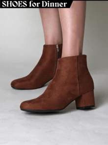 Women's Black Vegan Suede Cheetah Faux Suede Cognac Vegan Suede Natural Faux Suede Smokey Taupe White PU Chunky Low Heel Zip-Up Ankle Boots – Minimalist Round/Pointed Toe Fashion Booties [Size Up Half Size] - 干邑白蘭地純素絨面革 - 查看 1