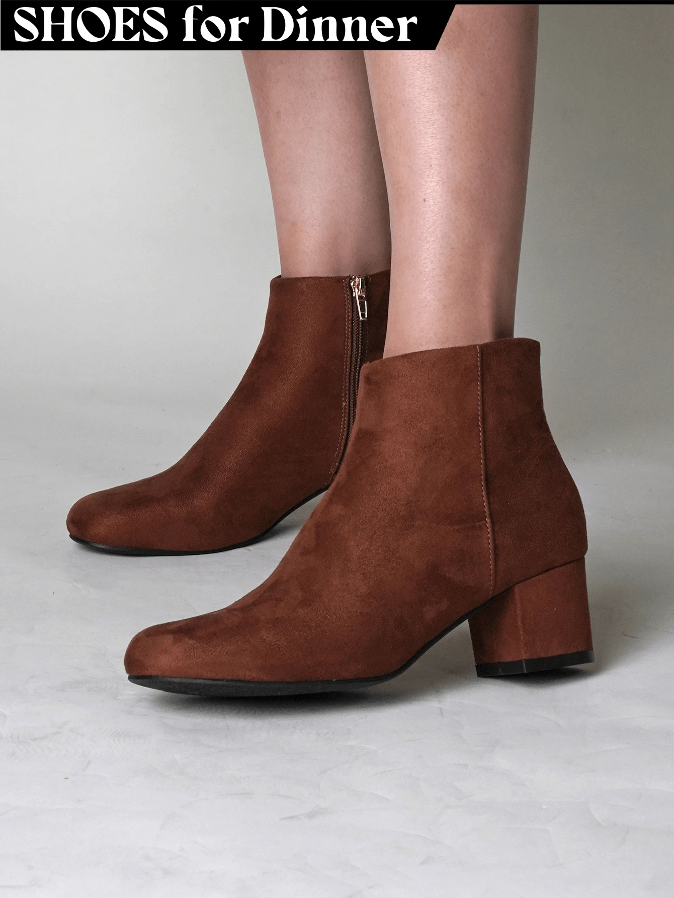 Women's Black Vegan Suede Cheetah Faux Suede Cognac Vegan Suede Natural Faux Suede Smokey Taupe White PU Chunky Low Heel Zip-Up Ankle Boots – Minimalist Round/Pointed Toe Fashion Booties [Size Up Half Size] - 干邑白蘭地純素絨面革 - 查看 1
