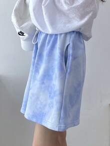 Tie-dye pantalones cortos deportivos casuales femeninos verano suelta versión coreana de la chica picante de cintura alta delgada A-line pantalones de pierna ancha - Azul - Ver 6