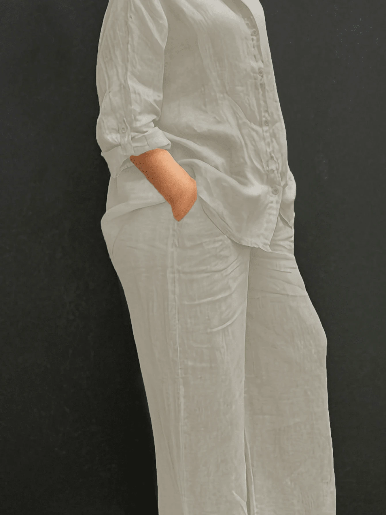 Spring, Summer, Autumn Casual Polo Collar Cardigan, Versatile Solid Color Elegant Blouse Top, Suitable For Beach, Daily Commute, Work, Shopping, Soft & Comfortable Fabric, Elastic Waist Loose Pants, 2 Pieces Set