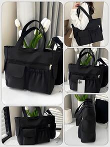 Fashion Solid Color Multi-Pocket Tote Bag With Coin Purse, Women Bag With Dime Bag, School Bag, Large Capacity, Portable, Classic Casual, Business Casual, For Teen Girls Women College Students, White-Collar Workers School Handbag, School Bookbag, Back To School Bags, Waterproof, Laptop Compartment, Lightweight, Foldable, Suitable For Teen Girls Women College Students, Teacher, Perfect For Back To School, First Day Of School, Middle School, High School, Tote Bags For School,College Essentials - màu đen - Xem 2