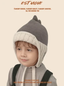 1 件儿童针织恐龙无檐帽，可爱温暖护耳冬季帽，适合 3-8 岁男孩和女孩