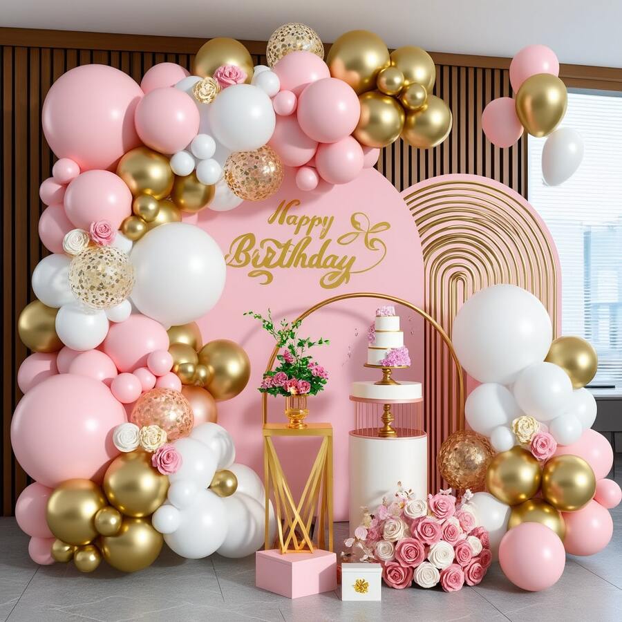  Pink And White Balloon Arch Kit Different Sizes Of 18 12 10 5 Inch Pastel Light Pink Metallic Gold Confetti And White Balloons For Shower Birthday Party Decorations - 彩色 - 查看 1