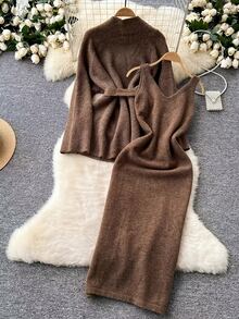春季女士优雅休闲针织两件套，宽松慵懒针织套装连衣裙，无袖针织连衣裙+系腰长袖毛衣外套，女士街头时尚 - 咖啡棕 - 查看 2