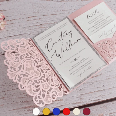 Set de 10 invitaciones de boda personalizadas con bolsillo y 2 tarjetas RSVP con triple pliegue para fiesta de boda, fiesta de cumpleaños y suministros (rosa, dorado, burdeos, beige, blanco)