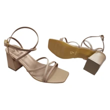 Sandalia Tacón Ancho Alto 7.5 Cm Tiras Delgadas Punta Cuadrada - Caqui - Ver 5