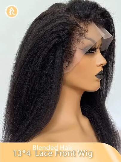 (Bob Wigs 6-16inch Long Wigs 18-36 Inchs) 13X4 Kinky Straight Lace Front Glueless Wigs For Women Blended Wigs-A Mix Of Human Blended Hair And Synthetic Pre Bleached Yaki Human Blended Hair Wig Transparent Lace Closure Wigs Pre Plucked With Curly Edges Hairline180% Density Natural Black Color 30 Inch