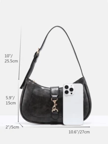 1pc Vintage Minimalist Crescent Moon Shaped Adjustable Shoulder Bag, Suitable For Dates, Outings, Parties - Black - View 7