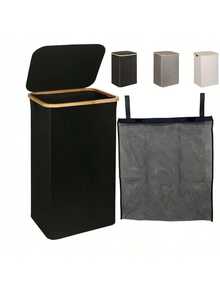 100L High-Capacity Laundry Basket With Lid, Portable With Handle, Detachable Inner Bag, Clothes Hamper With Bamboo Handles For Clothes In Dorm Bedroom Bathroom Storage Organization, Foldable Laundry Hamper, Recycling Bin, Classic Style, Multiple Components, Rectangle Shape, Suitable For Various Room Types, Laundry Baskets