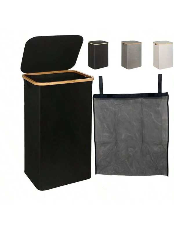 100L High-Capacity Laundry Basket With Lid, Portable With Handle, Detachable Inner Bag, Clothes Hamper With Bamboo Handles For Clothes In Dorm Bedroom Bathroom Storage Organization, Foldable Laundry Hamper, Recycling Bin, Classic Style, Multiple Components, Rectangle Shape, Suitable For Various Room Types, Laundry Baskets