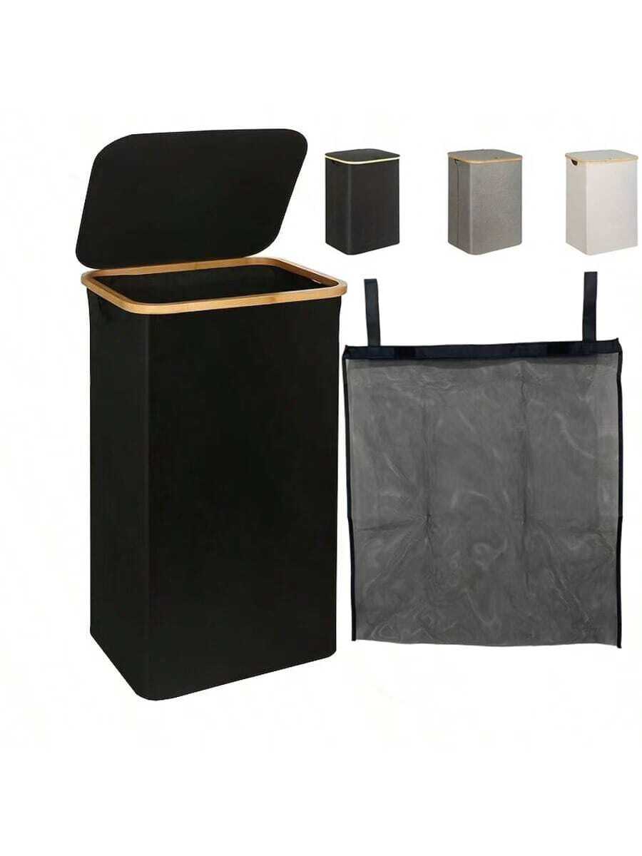 100L High-Capacity Laundry Basket With Lid, Portable With Handle, Detachable Inner Bag, Clothes Hamper With Bamboo Handles For Clothes In Dorm Bedroom Bathroom Storage Organization, Foldable Laundry Hamper, Recycling Bin, Classic Style, Multiple Components, Rectangle Shape, Suitable For Various Room Types, Laundry Baskets