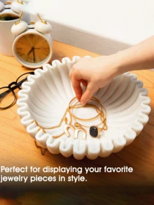 Resin Decorative Bowl - White Large Home Decor Bowl - Coffee Table Bowl Decoration - Scallop Ruffle Centerpiece Bowl, Ruffled Scallop Stone Bowl - , For Home Decor, Entryway, Kitchen Countertop Fruit, Table Centerpiece, Key - Handmade In India - Multicolor - View 1