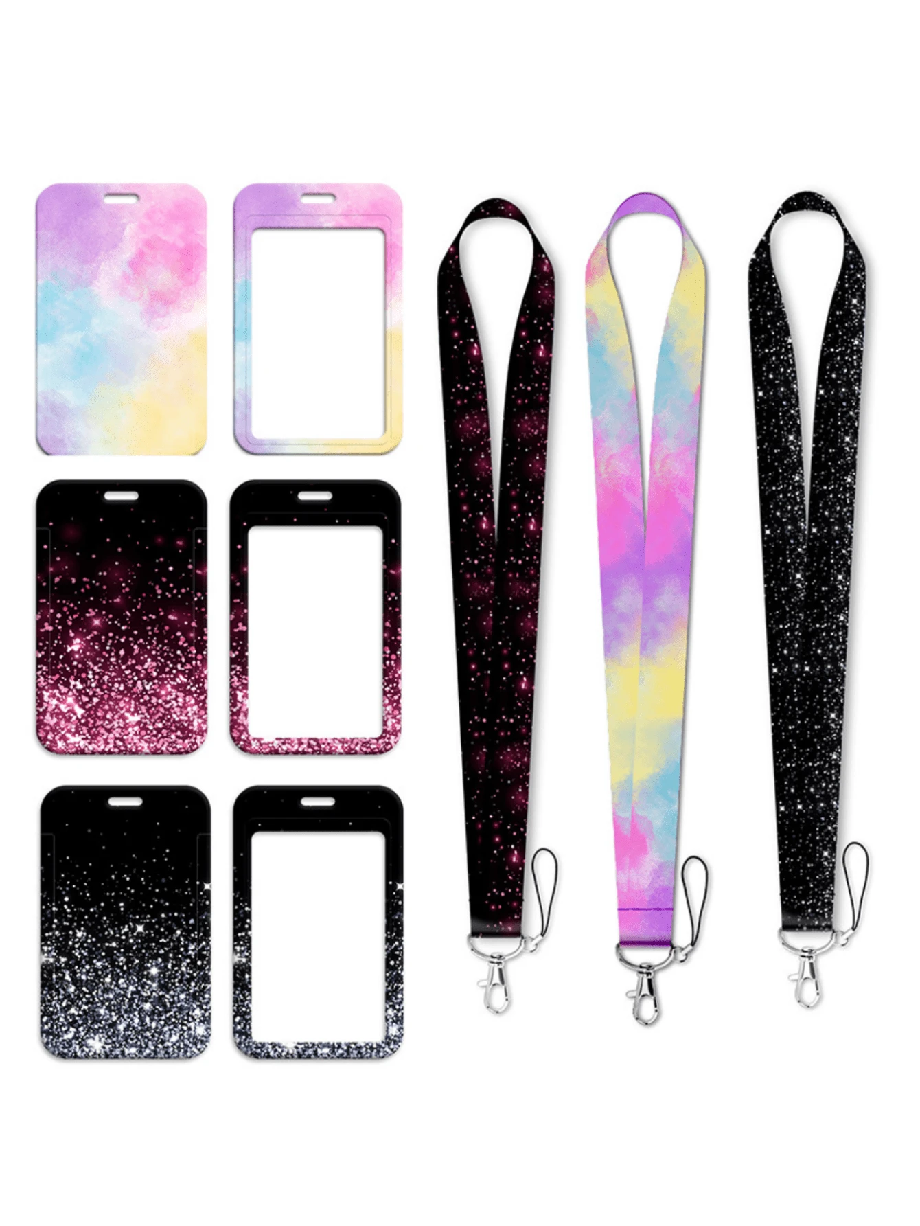 1 set suport pentru card de identitate cu cer înstelat și breloc, design drăguț cu mâzgăleală, șnur pentru femei, bărbați, angajați, studenți