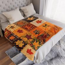 Manta reversible de poliéster ligera con estampado de hojas de arce y calabaza en estilo vintage, adecuada para sofá, ropa de cama, camping, viajes, todo el año