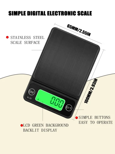 1个500克/0.01克高精度电子厨房秤。电子秤。LED绿色背光显示屏。多种单位转换：克、盎司、金衡盎司、克拉。一键去皮。小巧便携，易于收纳。耐用ABS材质。配有PC材质保护套。适用于烹饪计量、珠宝称重、减肥等。含防尘罩。- 不含电池。