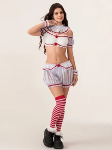 Women Halloween Costume Clown Tops And Shorts Striped Stockings Set For Cosplay Role-Playing Party Outfits - 灰色 - 查看 4