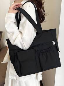 Fashion Solid Color Multi-Pocket Tote Bag With Coin Purse, Women Bag With Dime Bag, School Bag, Large Capacity, Portable, Classic Casual, Business Casual, For Teen Girls Women College Students, White-Collar Workers School Handbag, School Bookbag, Back To School Bags, Waterproof, Laptop Compartment, Lightweight, Foldable, Suitable For Teen Girls Women College Students, Teacher, Perfect For Back To School, First Day Of School, Middle School, High School, Tote Bags For School,College Essentials - màu đen - Xem 6