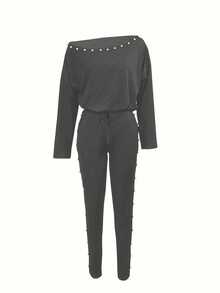 Women 2pcs Set Casual Solid Color Long Sleeve Top And Pants Outfit Spring - Grey - View 3