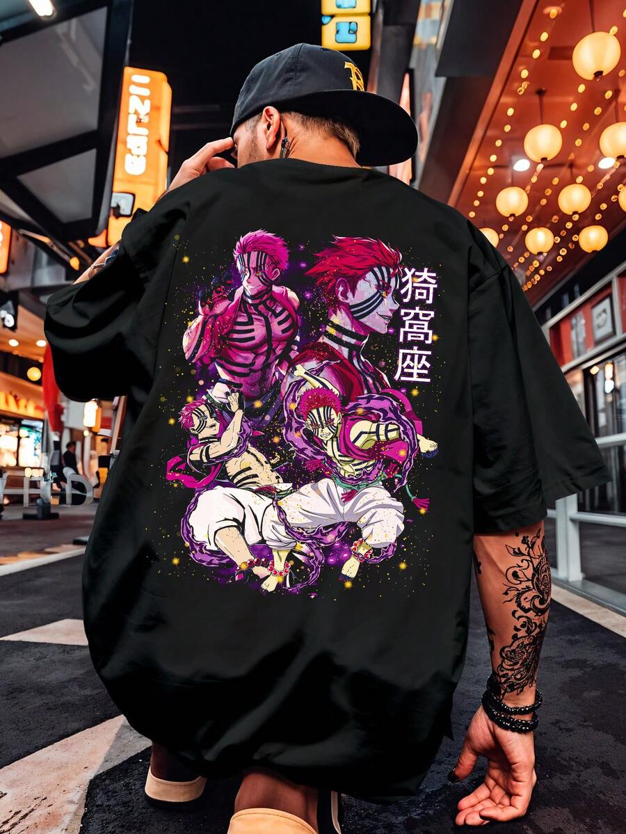 Anime T-Shirt Demon Kimetsu Akaza Japanese Manga Geek Movie Shirt Blouse Unisex Male Female 100% Cotton Top Premium Streetwear Launch Immediate Shipping Various Colors!! Plus Size - 黑色 - 查看 1