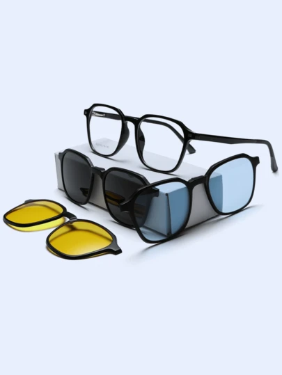 三合一时尚方形磁吸式夹片眼镜，男女通用，配有3副可替换镜片，适合日常佩戴和送礼，时尚眼镜配饰，是夏季海滩、户外活动和旅行的理想之选。