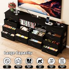 Cómoda de 12 cajones con toma de corriente y LED para TV de 55'', 65'' o 75'', cómoda larga para dormitorio con 12 cajones profundos, consola ancha para guardar cosas en armario, sala de estar y entrada, cubierta de madera.