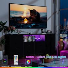 Cómoda de 12 cajones con toma de corriente y LED para TV de 55'', 65'' o 75'', cómoda larga para dormitorio con 12 cajones profundos, consola ancha para guardar cosas en armario, sala de estar y entrada, cubierta de madera.