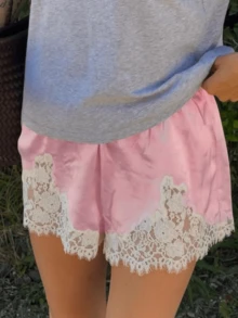 Women's Satin Lace Trim Mini Shorts Y2K Bloomers Shorts Elastic Waist Silk Slip Lounge Casual Going Out Bottoms - 粉色 - 查看 2